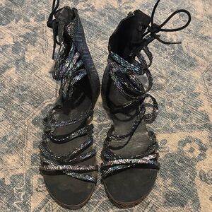 Free People Black Iridescent Strappy Sandals